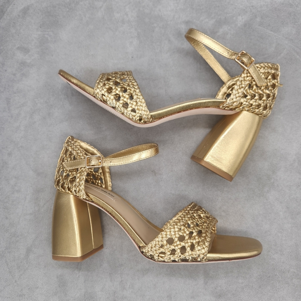 Antonio Melani Heeled Sandals 10 Golden Woven Leather Gretel Metallic New $140 - Picture 2 of 15